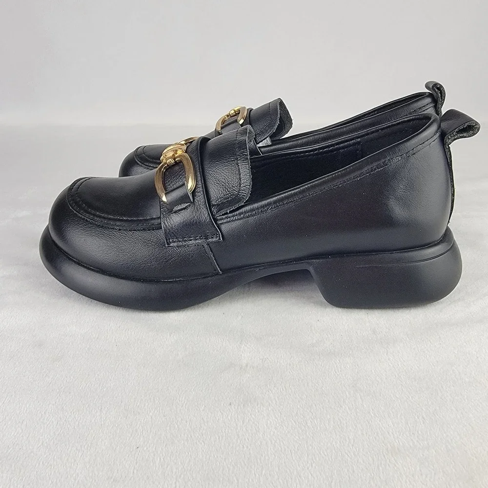 Naniya Black Leather Chunky Horsebit Loafers Gold Buckle Slip On Shoes Size 39